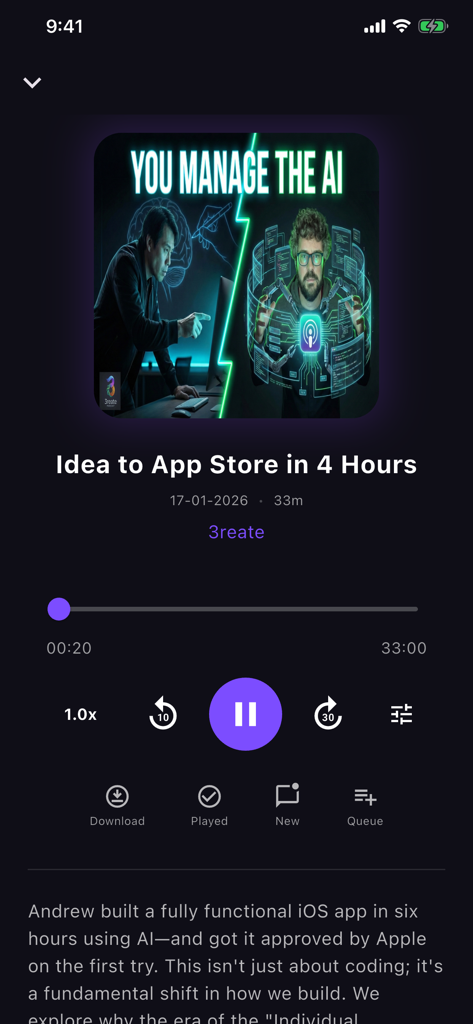 YourPods - YourPods app podcast playback screen with episode details and playback controls