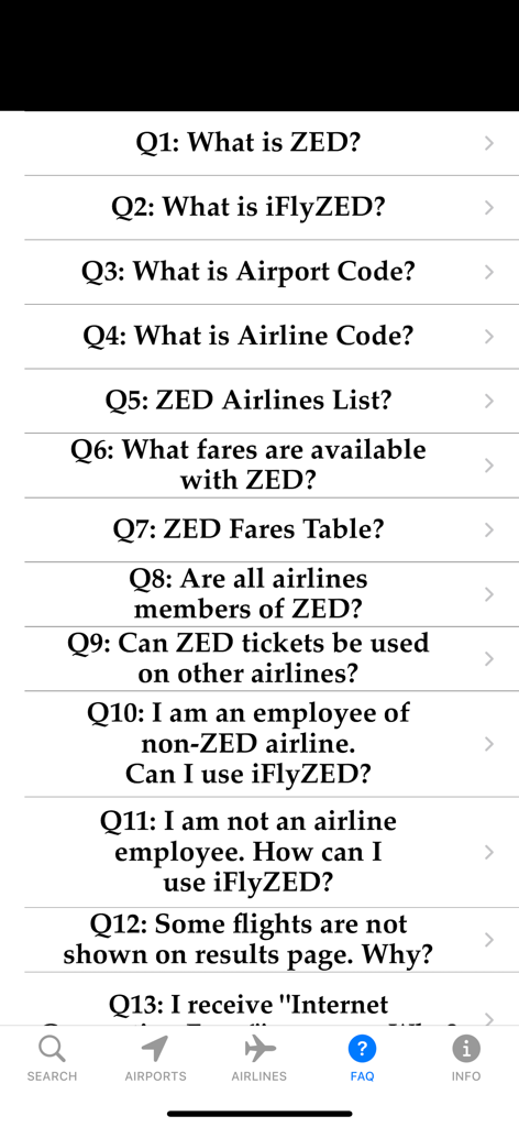 Seite mit häufig gestellten Fragen in der iFlyZED-App für Airline-Mitarbeiter.