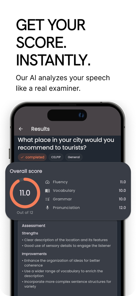 CELPIP Speaking Practice - Un écran de résultats de l'application CELPIP Speaking Practice montrant un score global de 11,0 avec une ventilation détaillée de la fluidité, du vocabulaire, de la grammaire et de la prononciation.