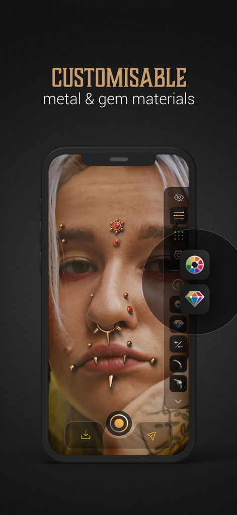 AR ピアスのある顔と、ジュエリーの金属や宝石をカスタマイズするためのメニューを表示するモバイル画面。