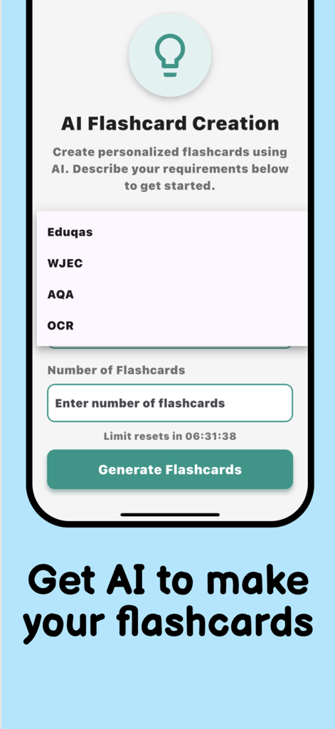 StudyHub - Una schermata dell'app StudyHub che mostra lo strumento di creazione di flashcard AI con opzioni per diversi consigli d'esame.