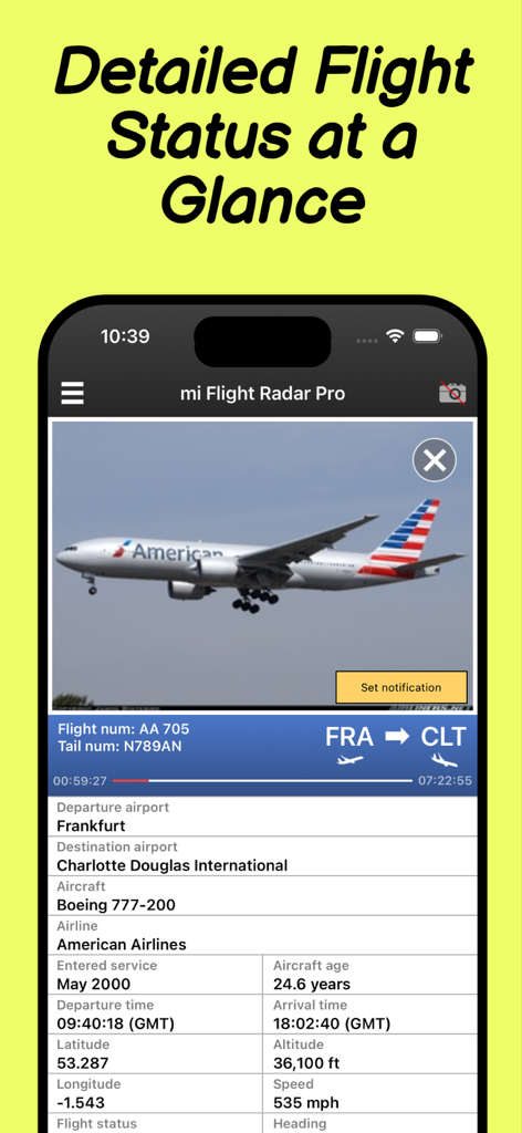 Flight Radar Pro Plane Tracker - Detailed flight status screen showing technical specifications and tracking information for an American Airlines Boeing 777 aircraft