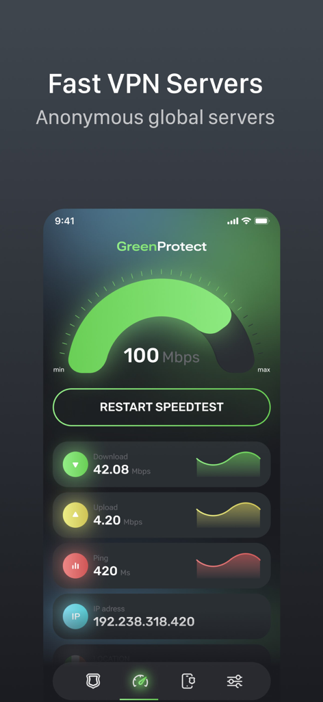 VPN PRO - Unlimited Protection - Interfaccia dell'app VPN PRO che mostra un test di velocità con metriche per download, upload, ping e indirizzo IP.