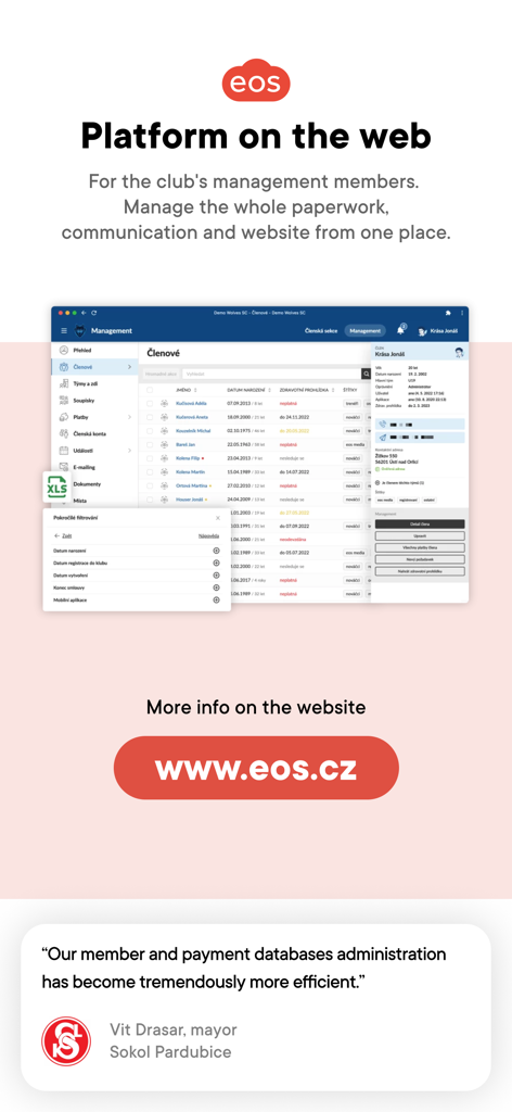 EOS for clubs and communities - Web dashboard of EOS club management platform showing member database and administration tools.