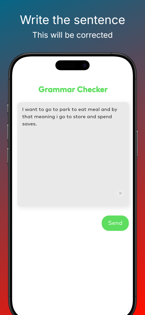 AI English Correction - Interfaz del corrector gramatical de la aplicación Corrección de Inglés con IA mostrando una frase esperando corrección