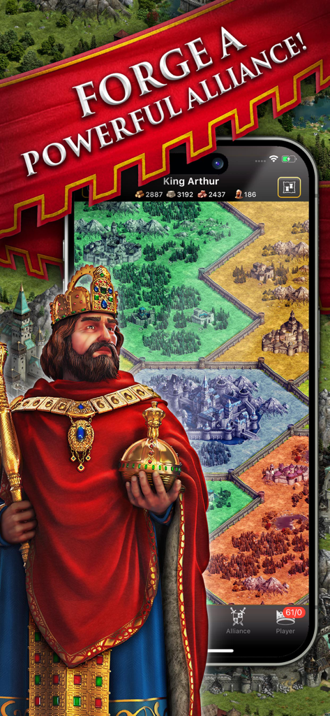 Lords & Knights - Mobile Kings - Lords and Knights medieval king character and hex-grid territory map on mobile screen