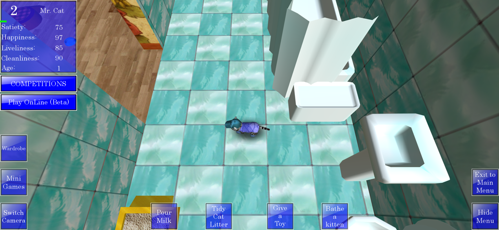 Cute Pocket Cat 3D - A screenshot of Cute Pocket Cat 3D showing a kitten in a purple outfit in a tiled bathroom with various care options like feeding and bathing.