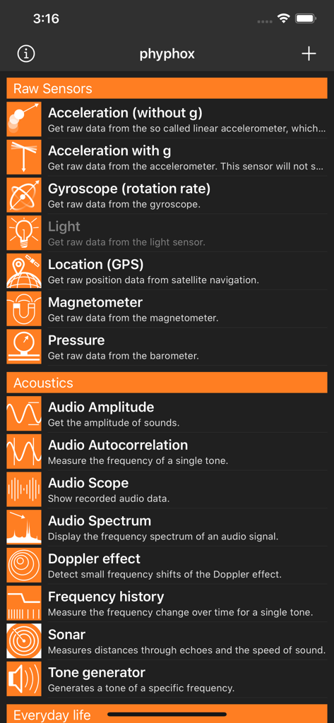 phyphox - A menu in the phyphox app listing physics experiments and raw sensors like accelerometer and sonar