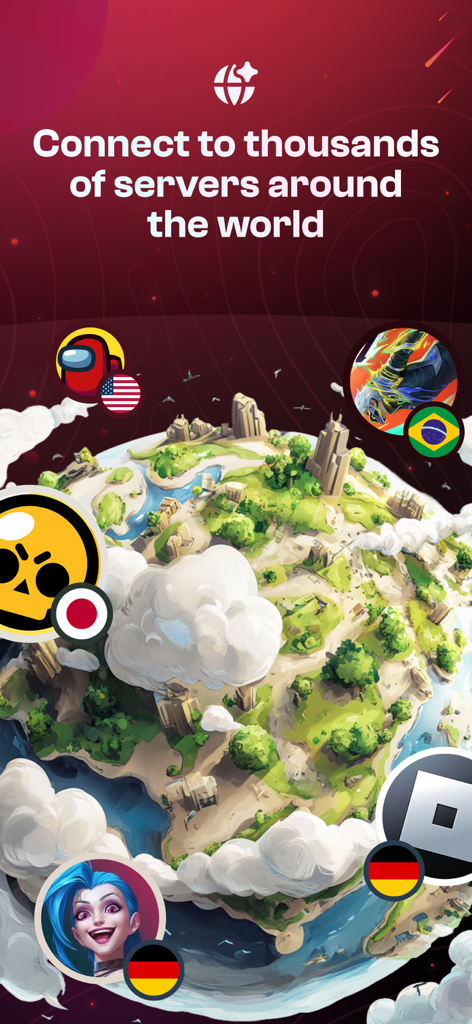 A stylized globe with popular game characters and national flags representing global server connectivity