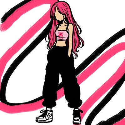 girl in baggy pants crop top and long hair