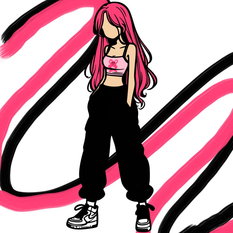 girl in baggy pants crop top and long hair