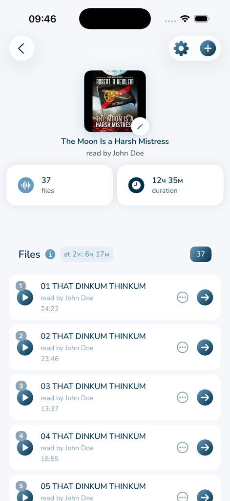 Voxi Book Player - Voxi Book Player interface showing a list of audiobook chapters with file count and total duration