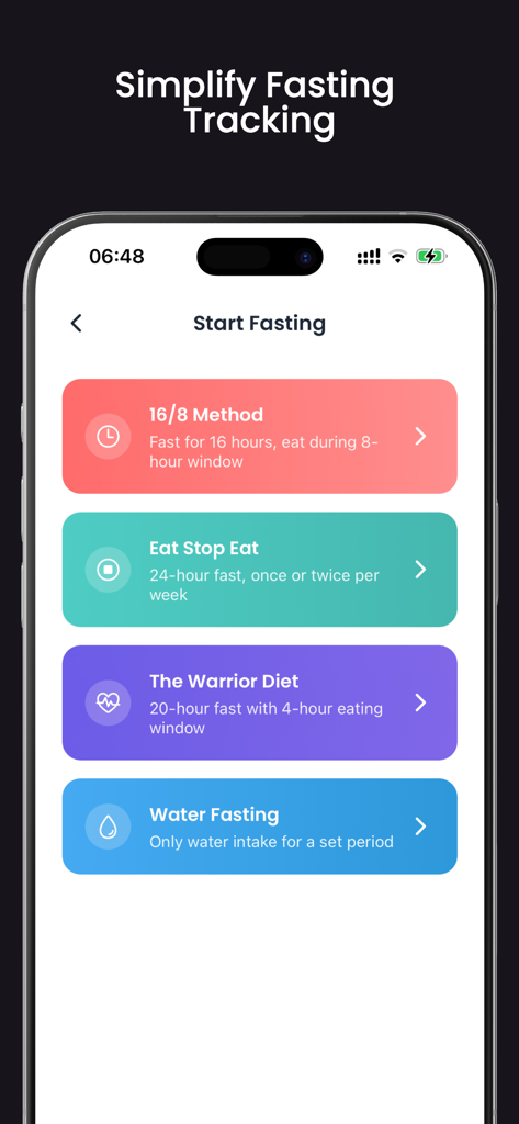 Avokado - AI Calorie Tracker - Schermata dell'app Avokado che mostra vari metodi di digiuno intermittente come il Metodo 16-8 e la Dieta del Guerriero