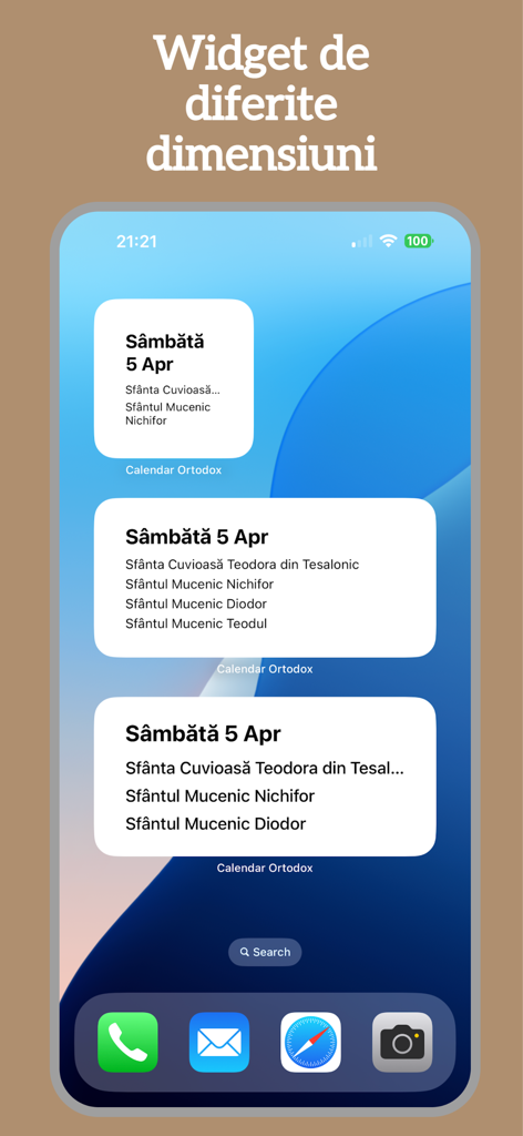 Calendar Ortodox 2026 - Écran d'accueil de l'iPhone présentant des widgets de différentes tailles du Calendrier Orthodoxe Roumain affichant des saints et des dates