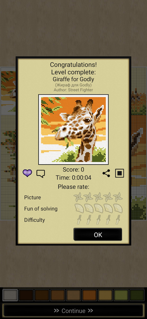 A completed giraffe pixel art puzzle in the Nonograms Katana app showing level success stats and rating options.