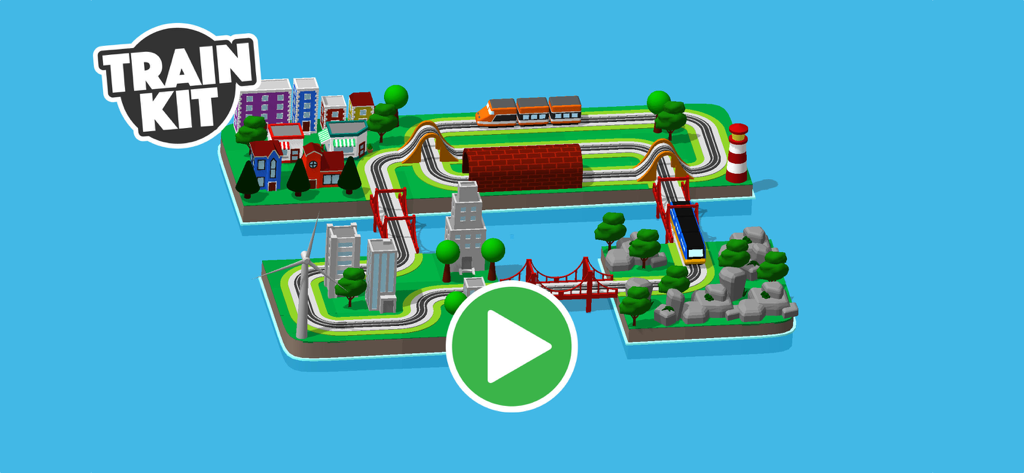 A colorful 3D train world with tracks, bridges, and buildings on floating islands from the Train Kit app.