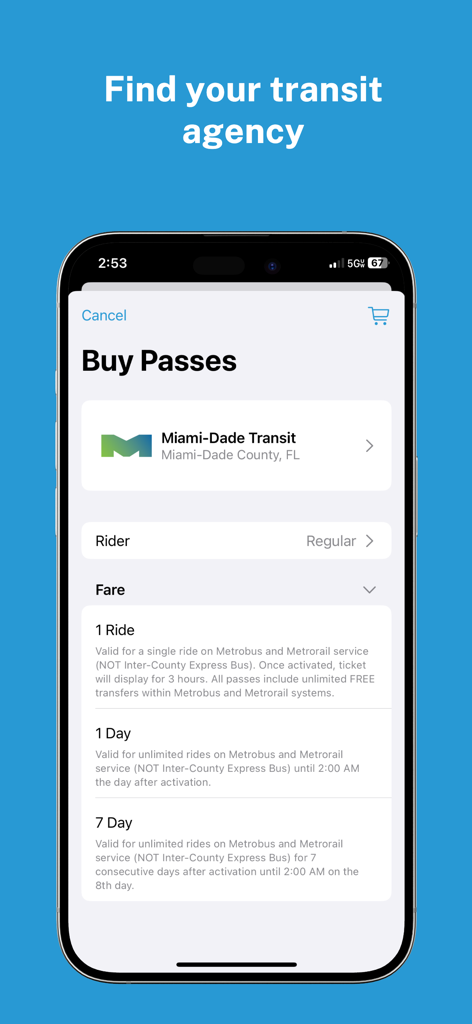 Token Transit - Token Transit app screen showing bus pass options for Miami Dade Transit on a smartphone.