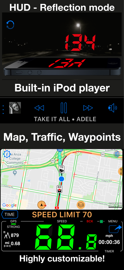 Aplicación Speedometer 55 Pro que muestra el modo HUD, reproductor de música integrado, mapa con tráfico y gran pantalla digital de velocidad.