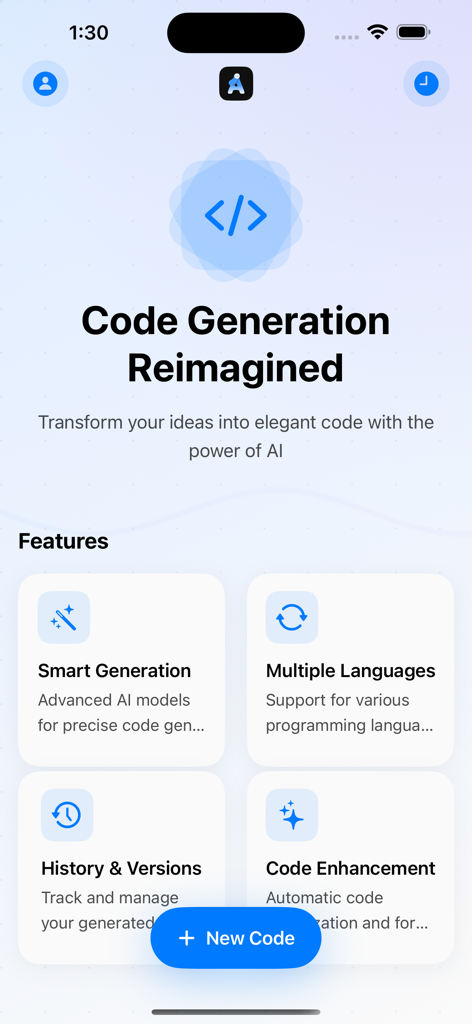 AI Website Builder - AIウェブサイトビルダーのモバイルアプリインターフェース。コード生成機能と新しいコードボタンを表示。