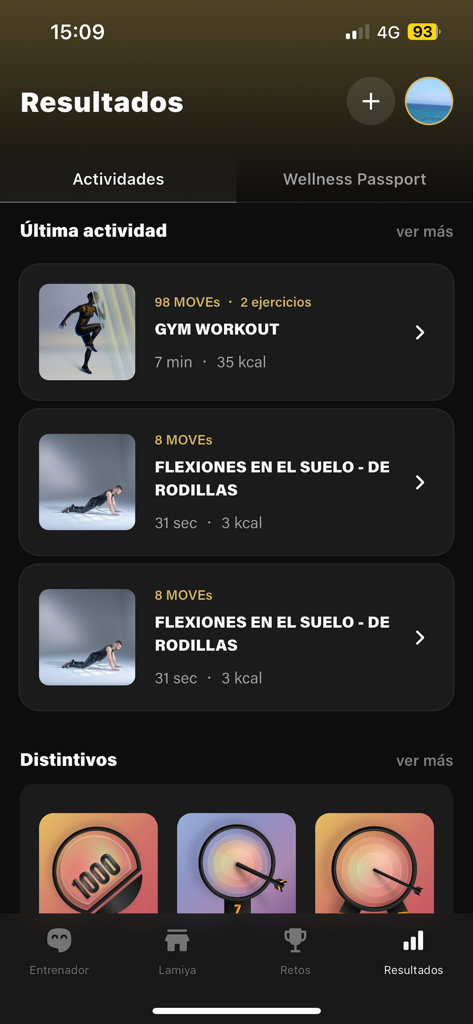 Lamiya 앱 운동 결과 화면에 최신 활동 MOVE 포인트 및 획득한 배지가 표시됨