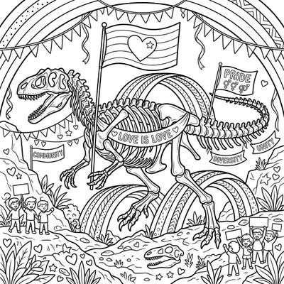 Dive into a prehistoric Pride celebration with this unique coloring page featuring an Allosaurus skeleton adorned with vibrant symbols. This festive scene brings together ancient history and modern joy, perfect for expressing creativity and solidarity.