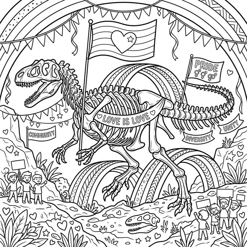 Dive into a prehistoric Pride celebration with this unique coloring page featuring an Allosaurus skeleton adorned with vibrant symbols. This festive scene brings together ancient history and modern joy, perfect for expressing creativity and solidarity.