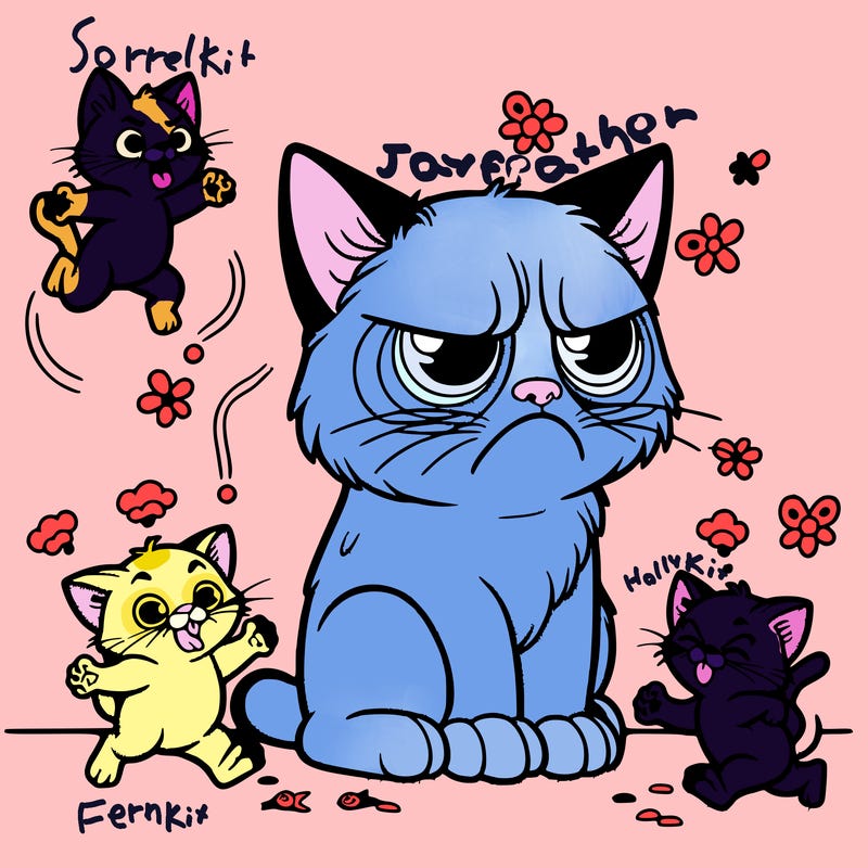 grumpy cat with kittens running around and messing with the grumpy cat