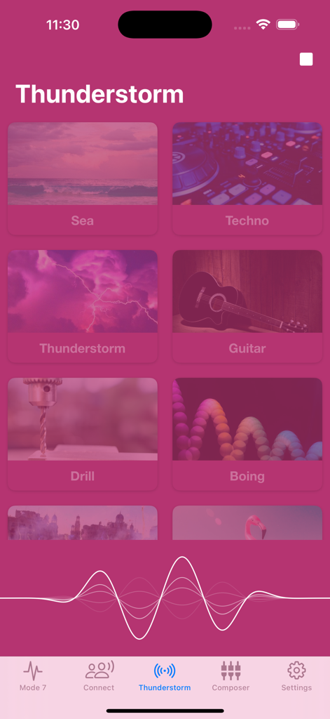 VibraTool - Vibrator Too‪l‬ - User interface of the VibraTool app displaying a grid of different vibration modes like Sea, Techno, and Thunderstorm with a haptic waveform at the bottom