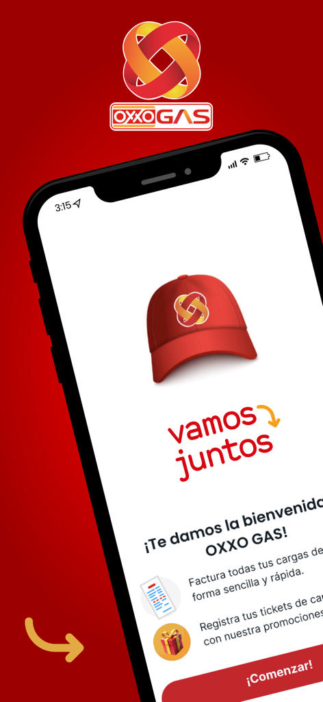 OXXO GAS Clientes app welcome screen showing digital invoicing and promotion features