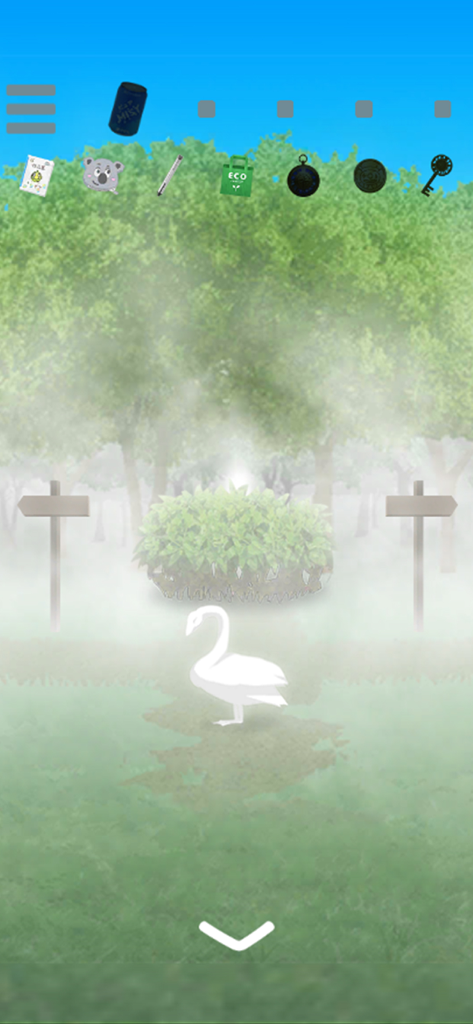 escape game: Maze MIST - A white swan in a misty green park with an inventory of items in escape game Maze MIST