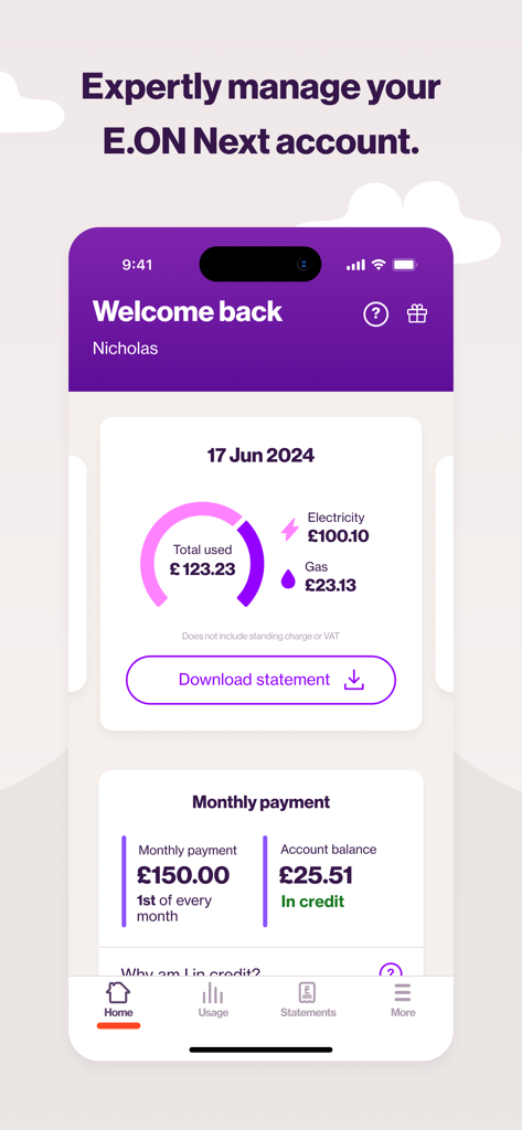 E.ON NEXT - The E.ON NEXT mobile app interface showing energy usage statistics, account balance in credit, and monthly payment details.