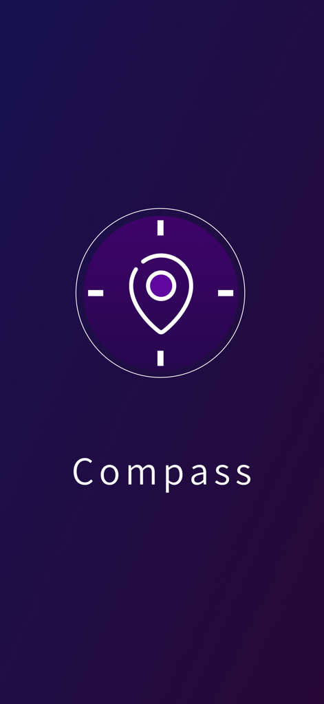 Compass: east north west south - Écran de démarrage de l'application Compass Pro avec une icône d'épingle de localisation sur un fond dégradé violet foncé
