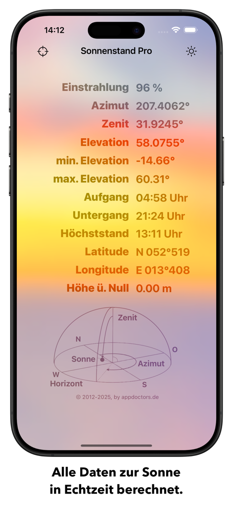 Interfaz técnica de la aplicación Sonnenstand Pro que muestra datos de posición solar en tiempo real, incluyendo azimut, elevación y un diagrama de la trayectoria solar
