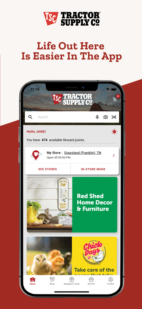 Tractor Supply - Tela inicial do aplicativo móvel Tractor Supply mostrando pontos de recompensa e informações da loja local