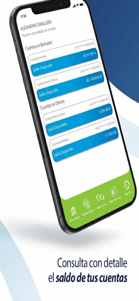 Banplus Móvil - Banplus Movil mobile app showing account balances in Bolivares and foreign currencies