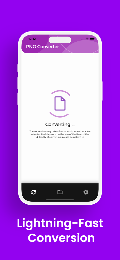 PNGコンバーターアプリのモバイルインターフェース。超高速というテキストと共にファイル変換プロセスを表示しています。