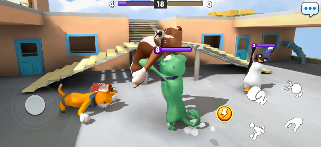 Personajes animales tambaleantes luchando en una arena de brawler basada en la física