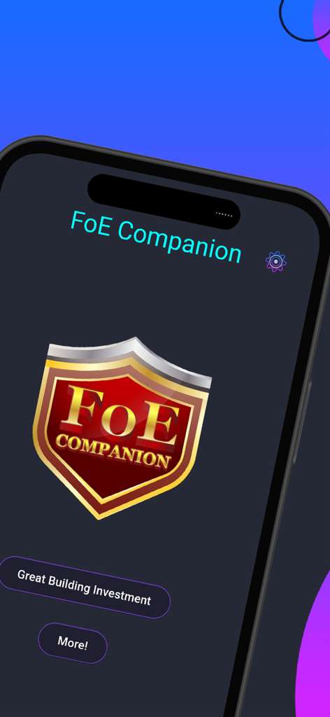 FoE Companion app splash screen showing the official shield logo and Great Building Investment menu option