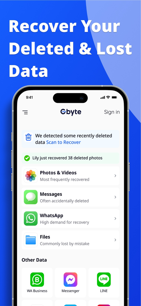 Gbyte Recovery: Photos & SMS - Gbyte Recovery app interface for restoring deleted photos and messages on iPhone
