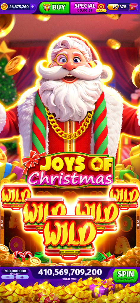 Cash Frenzy™ - Slots Casino - Máquina tragamonedas Joys of Christmas con temática de Papá Noel en la aplicación Cash Frenzy mostrando una gran victoria y múltiples símbolos comodín