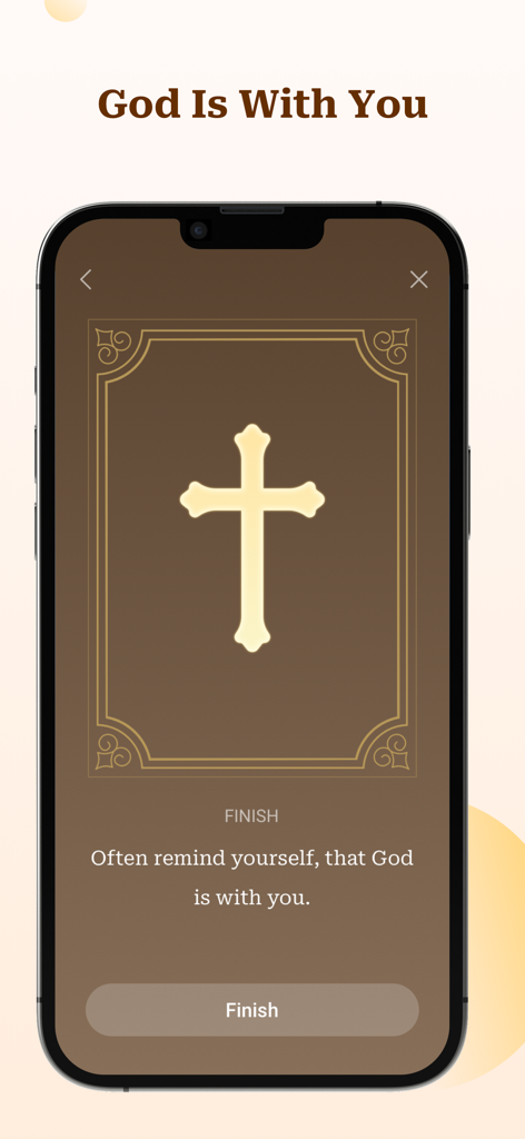 Aleluya: Holy Bible Offline - Pantalla de aplicación móvil que muestra un icono de cruz y un mensaje espiritual indicando que Dios está contigo.