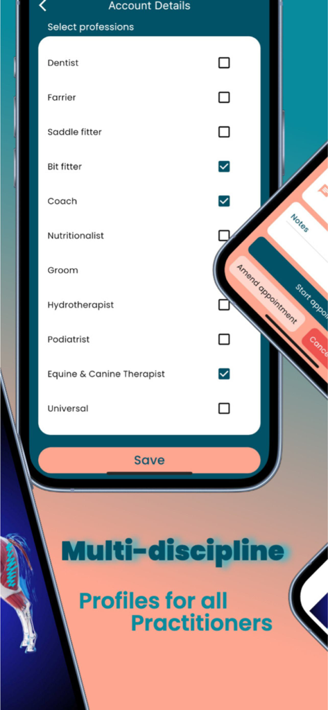 Equigate - Equigate app screen for selecting practitioner professions including farrier and equine therapist