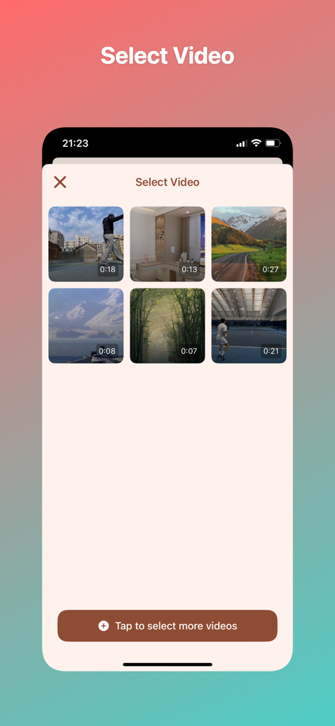 Framo app interface showing a grid of videos ready for frame by frame analysis selection.