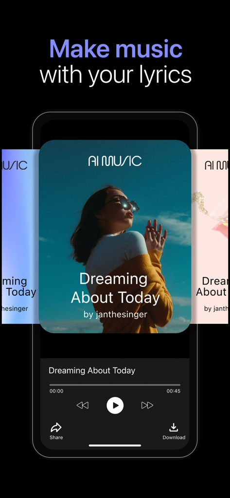 AI Music · Song & Cover Maker - Interfaz de la aplicación móvil que muestra un reproductor de música con portadas de canciones generadas por IA y el texto Crea música con tus letras.