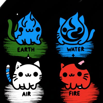 4 cats that represent the different elements, earth, water, air, and fire