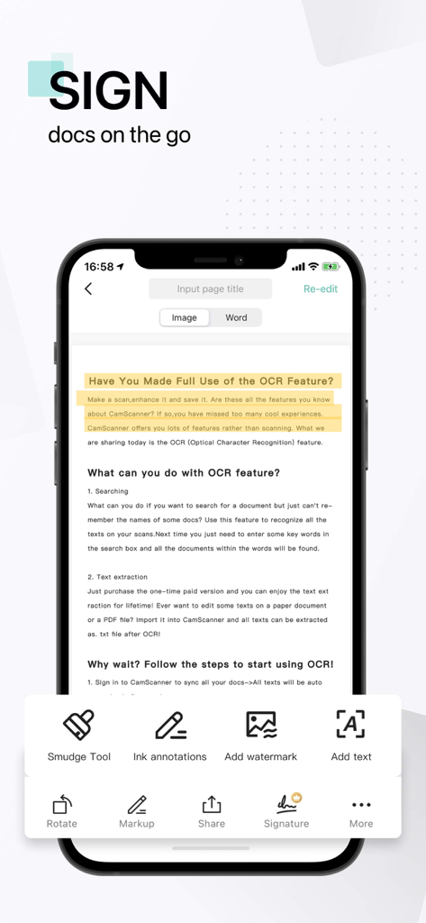 스마트폰에서 문서에 서명하기 위한 CamScanner 앱 인터페이스