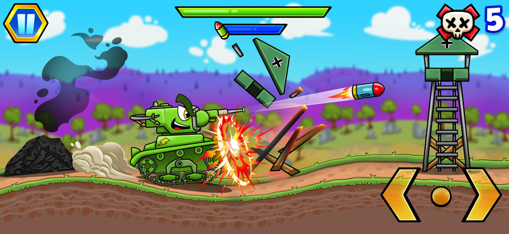 Tanque de dibujos animados disparando un misil a una torre de vigilancia en un juego de desplazamiento lateral 2D