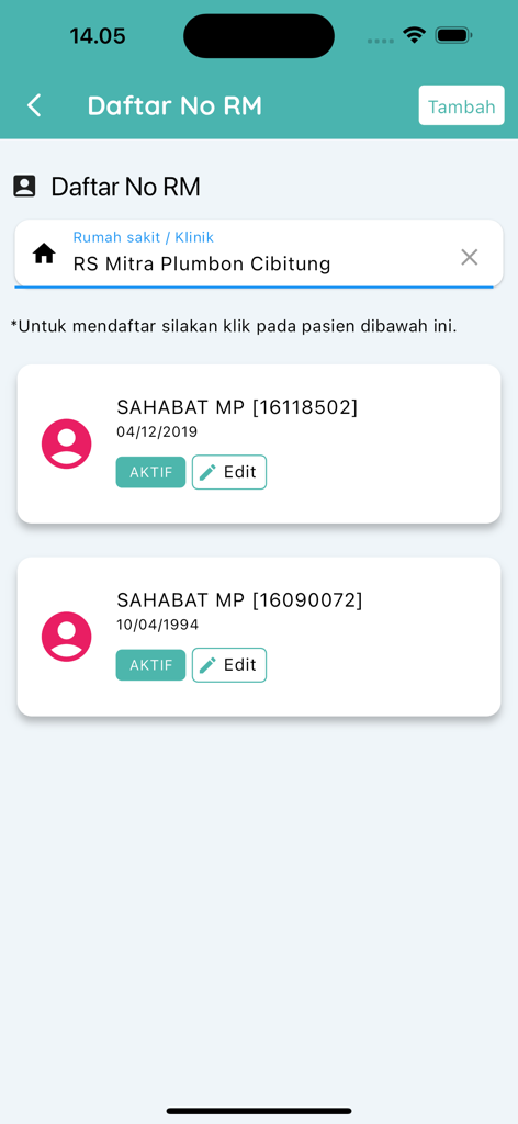List of registered patients with medical record numbers in the MP Healthcare app