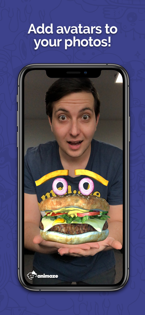 Hombre usando la aplicación Animaze para agregar un avatar 3D animado de hamburguesa a su foto con RA