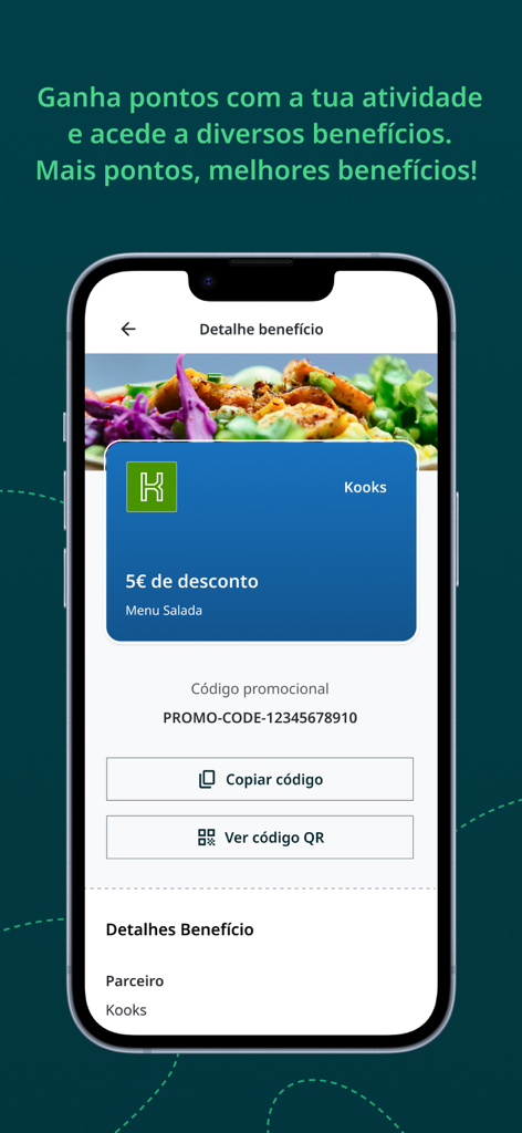 Apptiva - Apptiva app interface displaying a five euro discount coupon for a healthy salad menu as a reward for physical activity